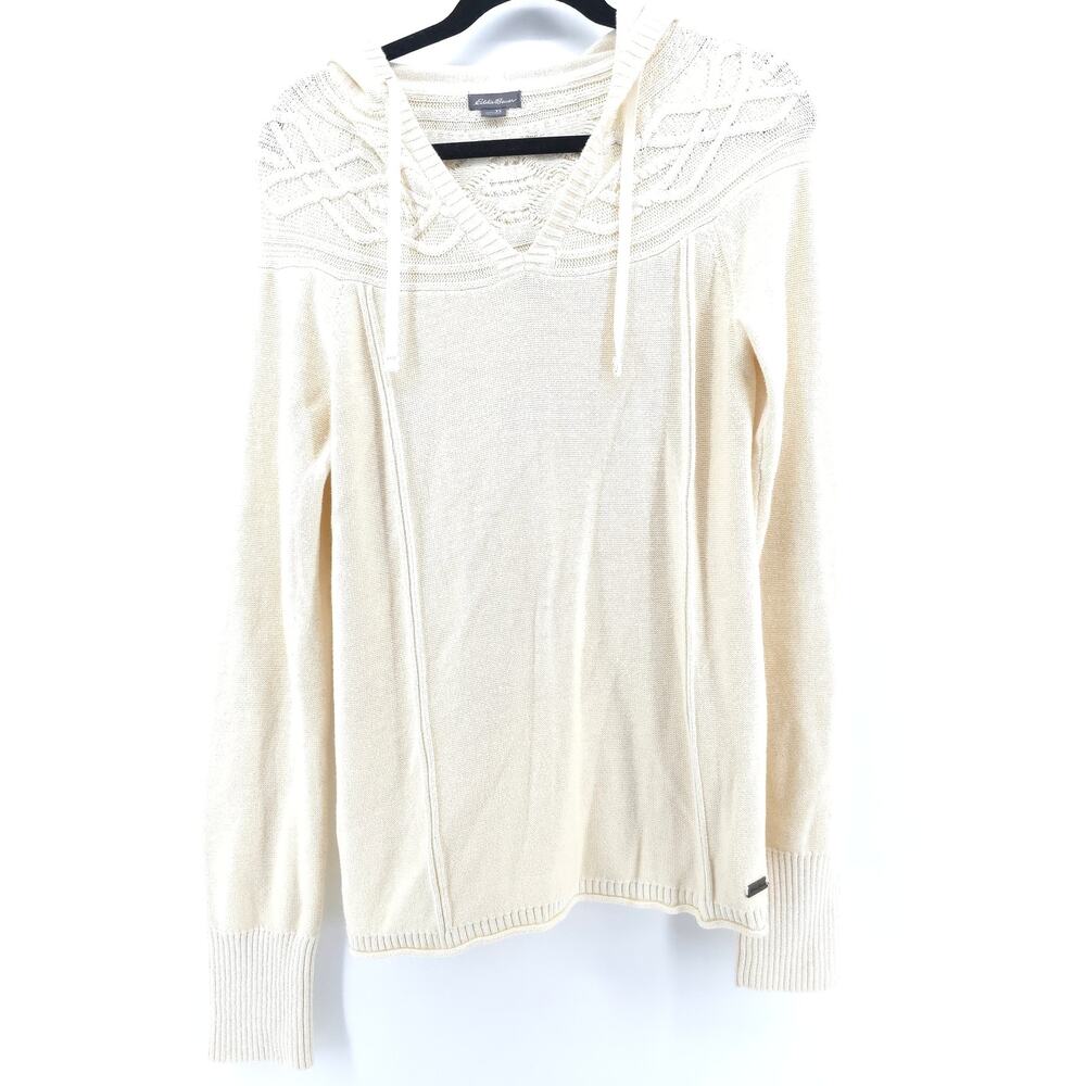Eddie Bauer Heritage Classic XS Cream Cozy Cable Knit Hooded Sweater Rolled Hem